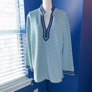 Talbots Green/Blue Striped Split Neck Tunic – Size XL – Cotton Blend – EUC